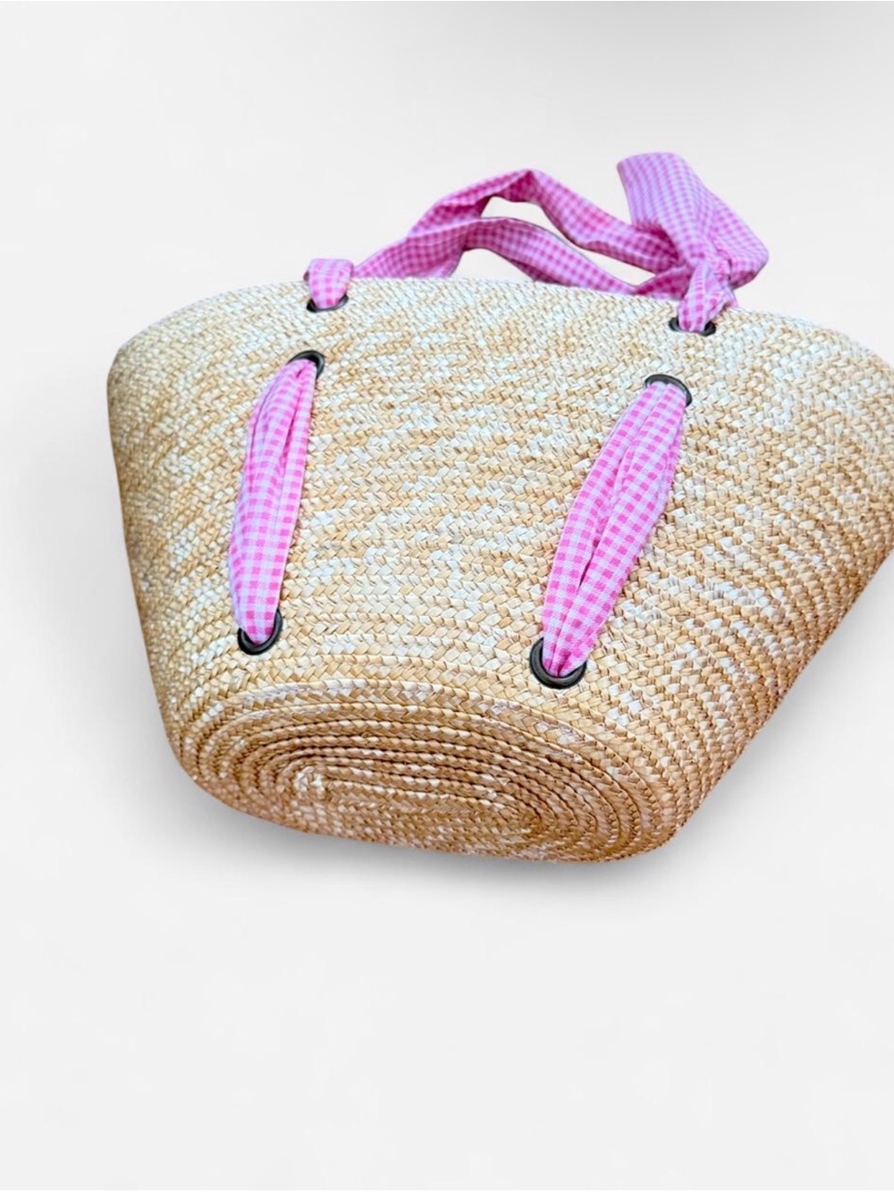 Pink Gingham-Lined Straw Tote Bag - Picture 6 of 6